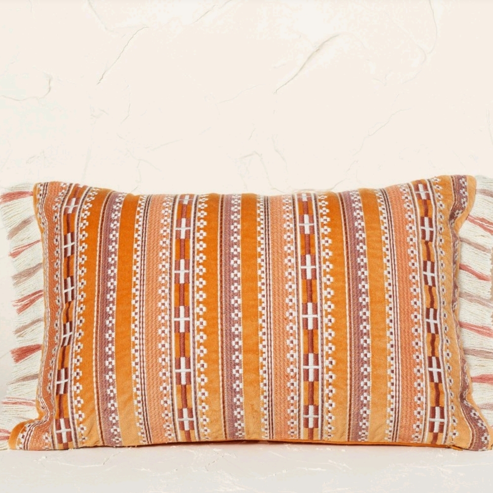 OPALHOUSE X JUNGALOW Velvet Embroidered Striped Lumbar Throw Pillow Rust